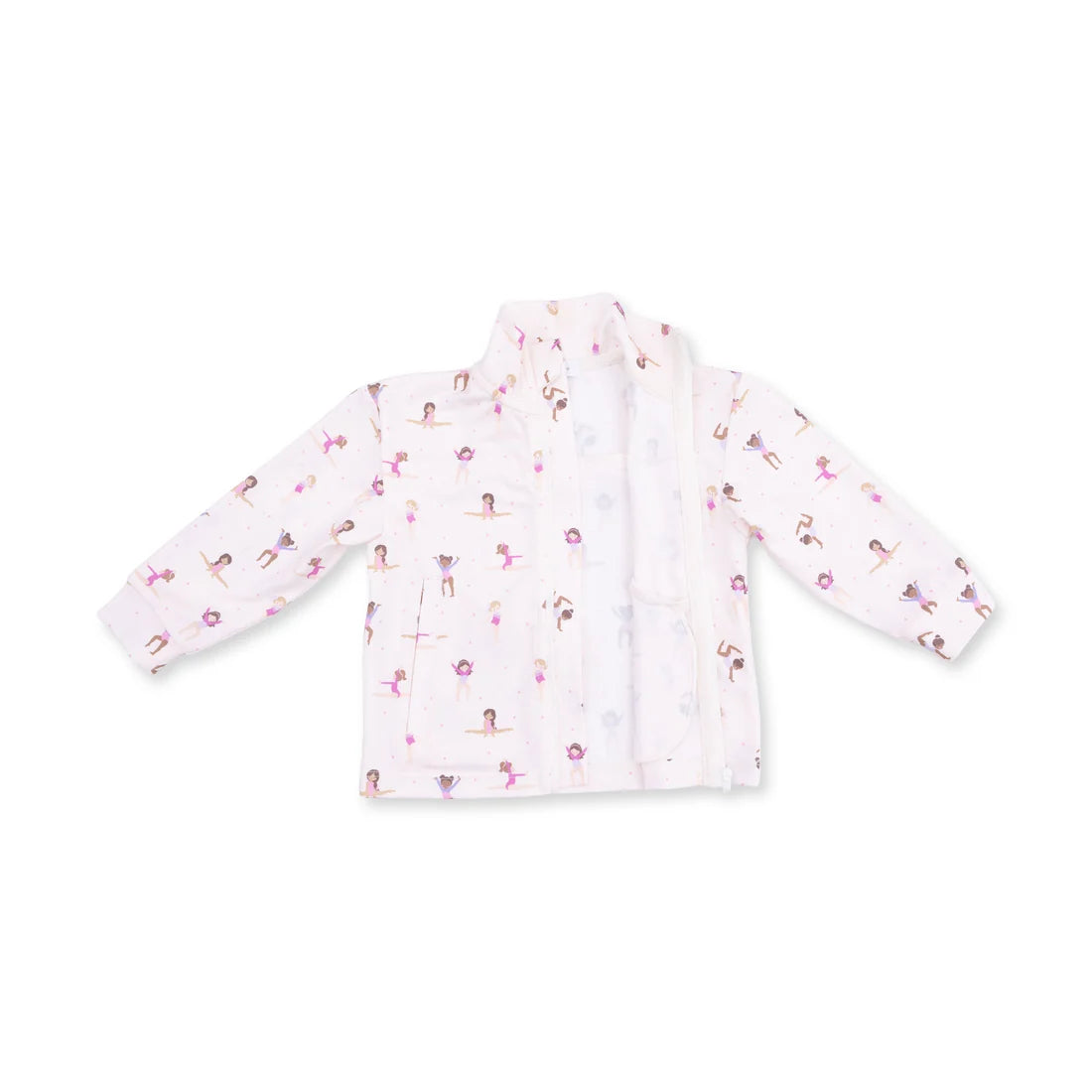 Angel dear tiny tumblers white long-sleeve zippered jacket featuring an all-over print ofgymnysts in pink and purple tutus, laid flat against a white background.