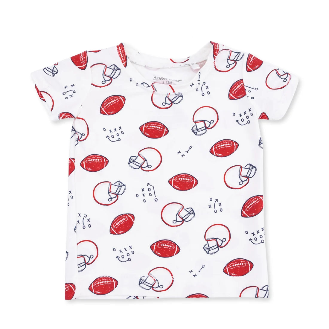 White Angel dear touchdown time pj top with red and blue sports-themed pattern on a white background