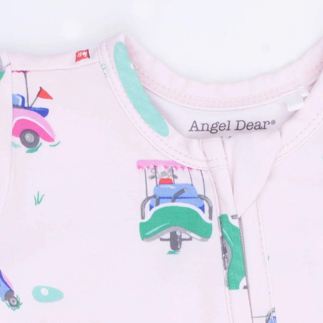 Close up of the neck of an Angel Dear Vintage Golf Carts Pink 2 Way Ruffle Back Zipper Footie