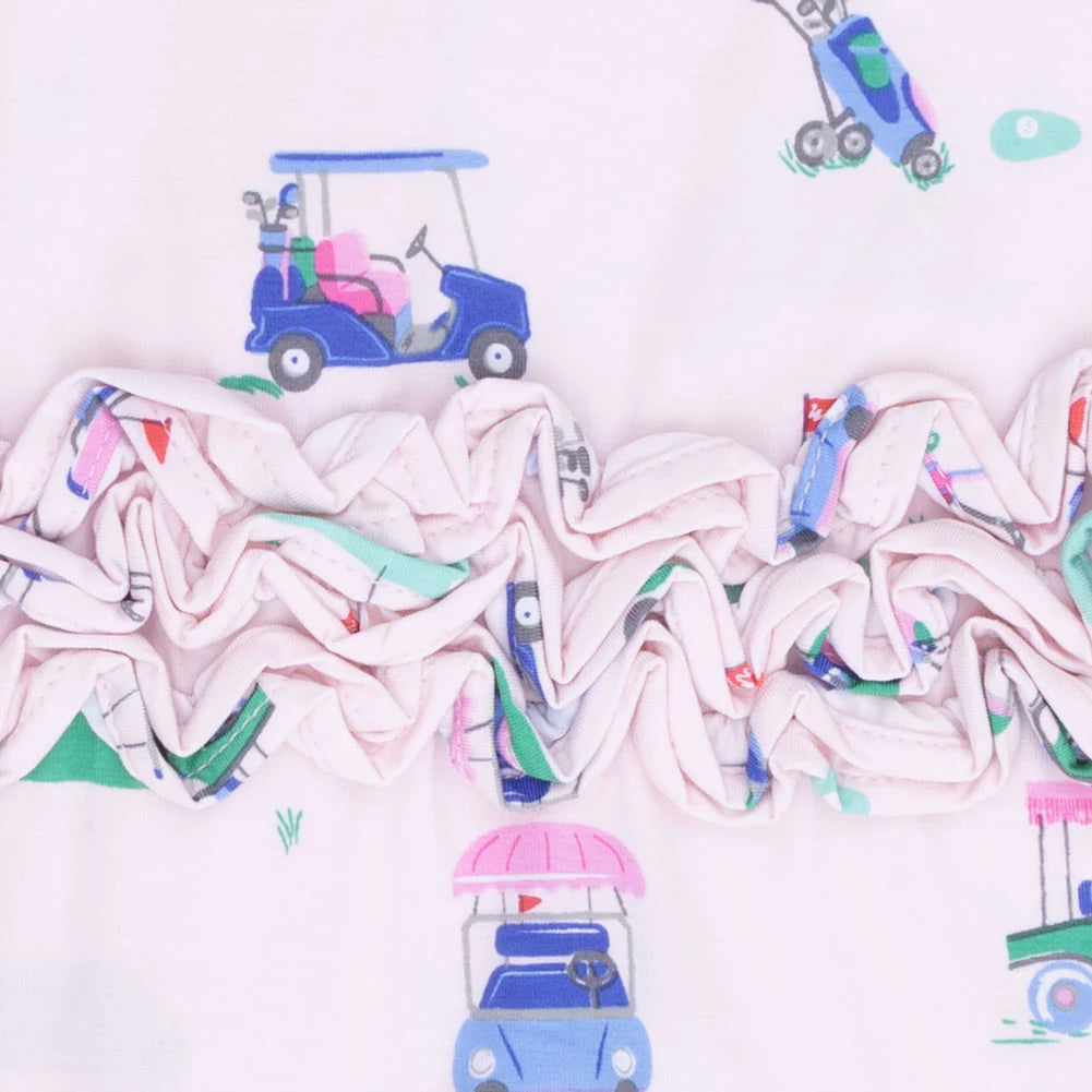 Up close of the rear ruffle on an Angel Dear Vintage Golf Carts Pink 2 Way Ruffle Back Zipper Footie