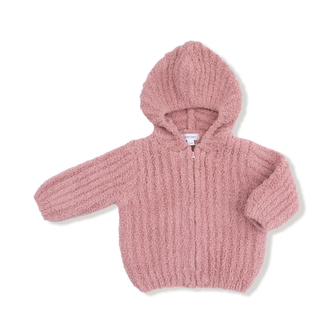 Angel Dear Dusty rose striped textured chemille Pink knitted hoodie on a white background