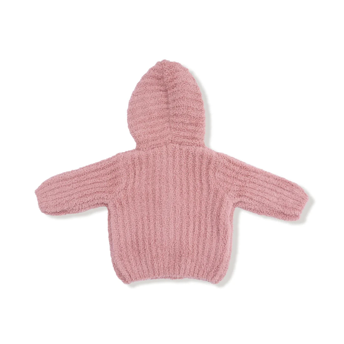 Back of an Angel Dear dusty pink ribbed knit hooded sweater, shown from the back, laid flat on a white background.