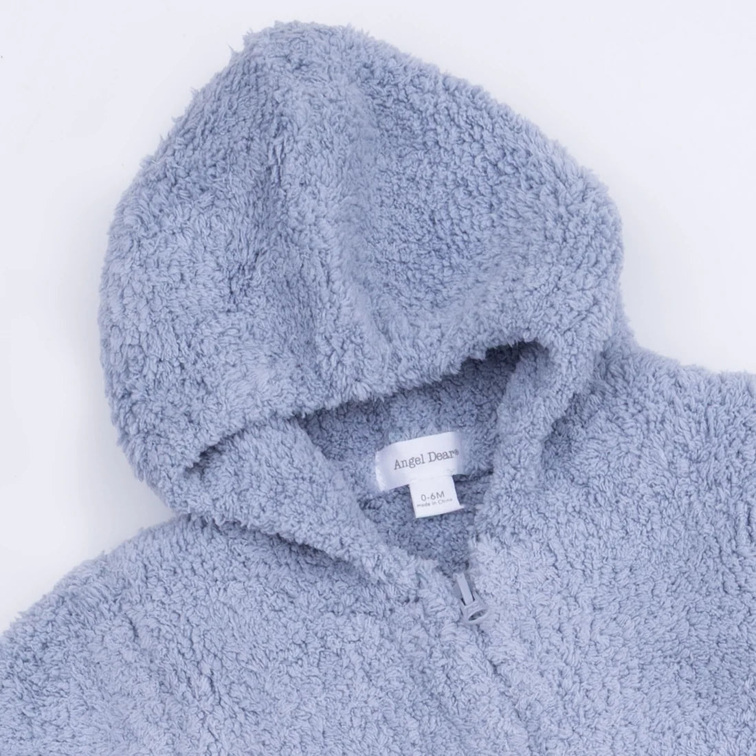 close up of an angel dear hood on a hooded romper in dusty blue