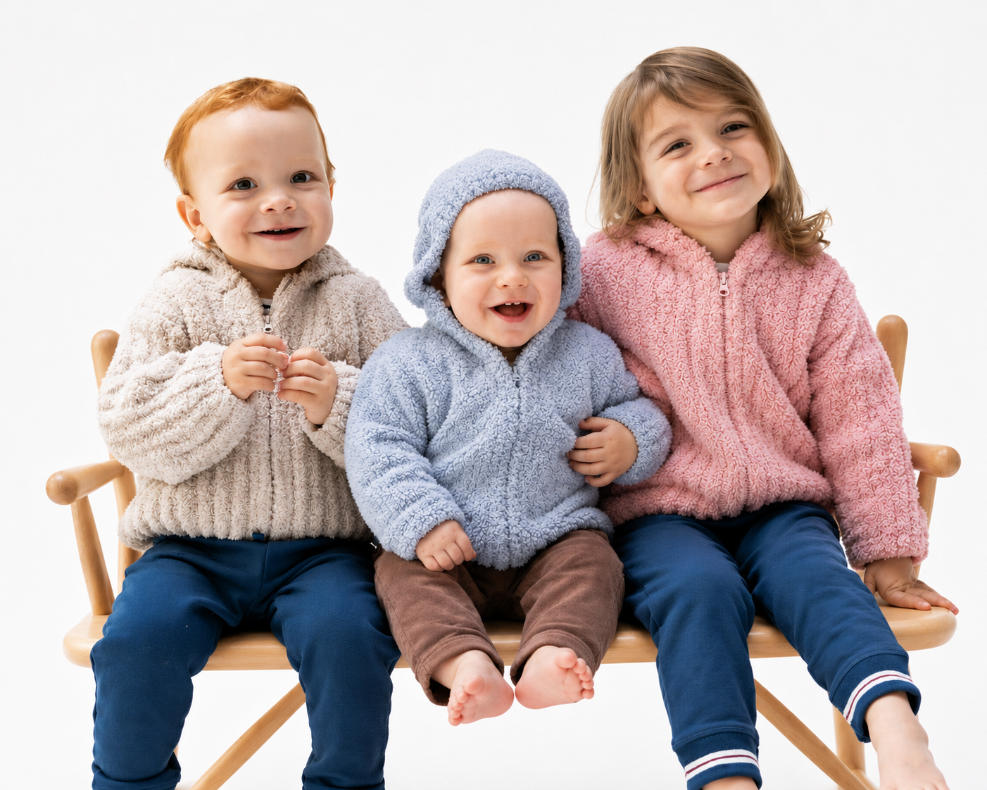 Three children sitting together on a wooden chair against a plain white studio background, each wearing a soft textured zip-front angel dear jacket in different colors: cream, light blue, and dusty pink, paired with dark pants.