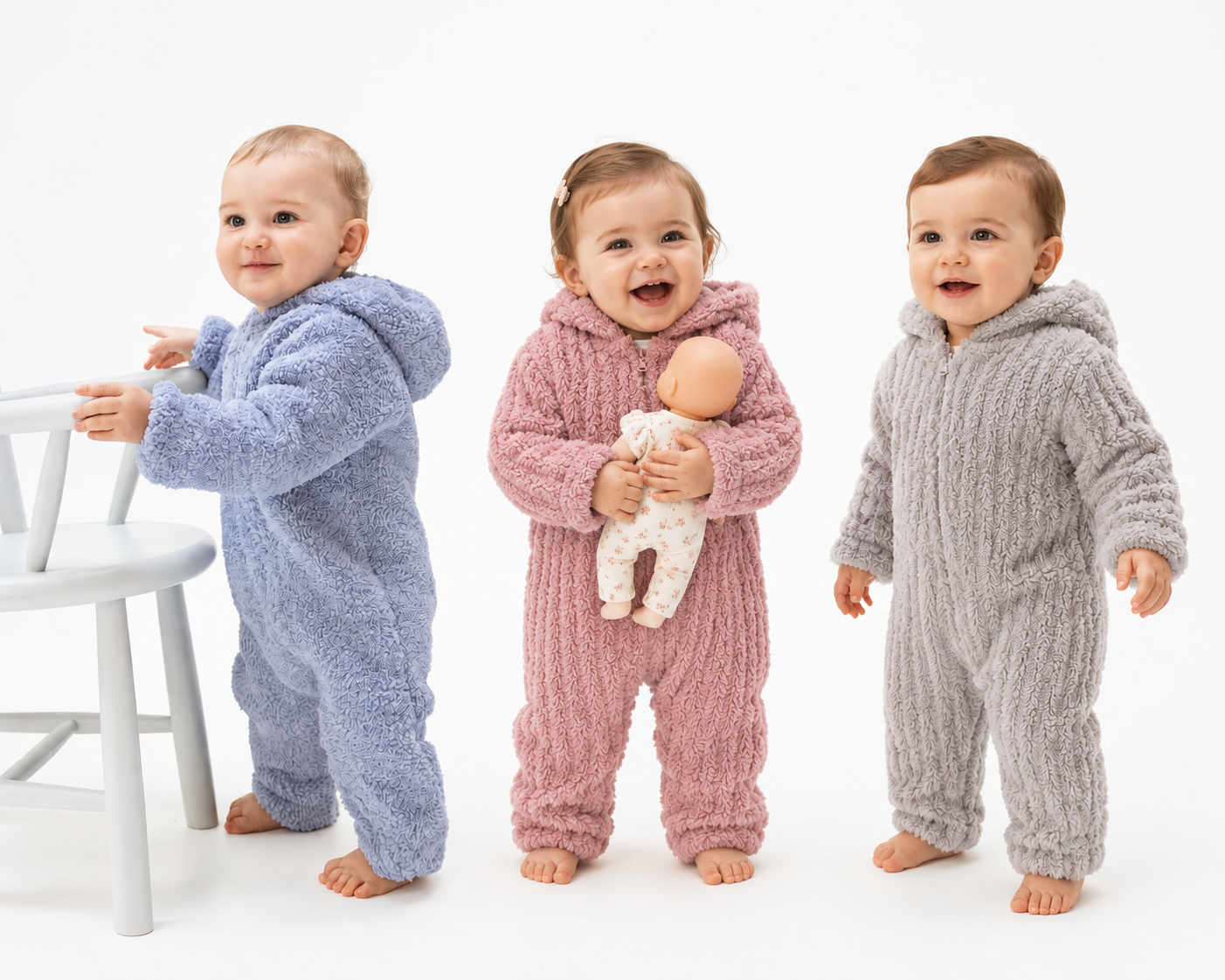 Three babies wearing angel dears hooded fleece rompers
