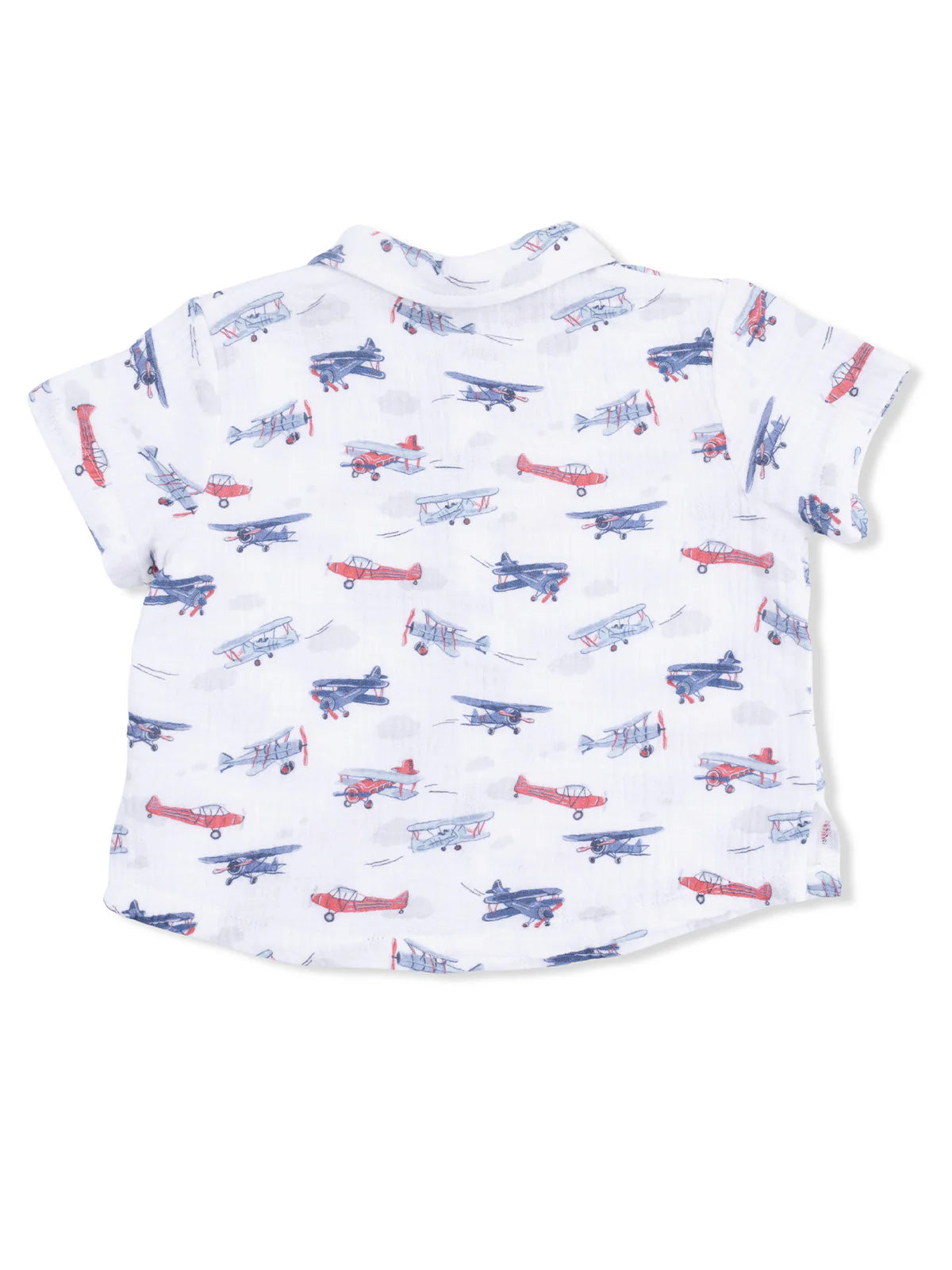 Back of an Angel Dear Children's t-shirt with airplane pattern on a white background
