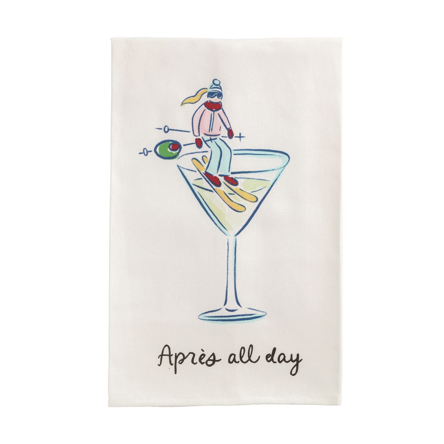 A Mudpie off-white tea towel featuring a whimsical illustration of a person skiing in a martini glass, with the text 'Après all day' printed below in black script.