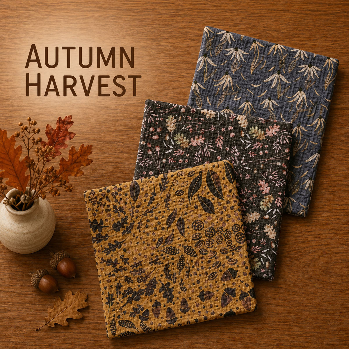 Geometry Autumn harvest dishcloth set with Three square fabric small cloth squares with autumn-themed botanical prints are arranged on a wooden surface. The set includes a mustard yellow cloth with dark leaves and pinecones, a dark charcoal cloth with pink and cream flowers, and a navy blue cloth with cream leaves.  The Little Exchange SKU 150043