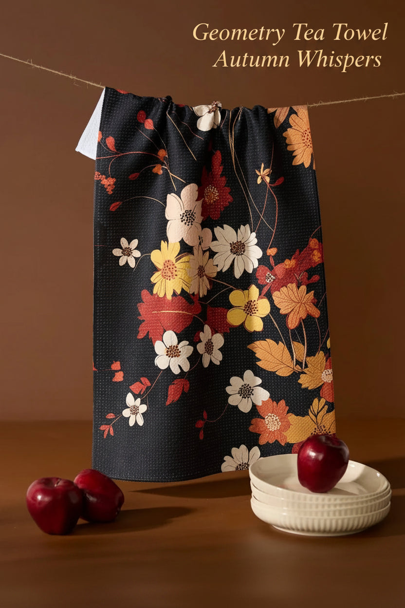 Geometry autumn whispers tea towel - black with fall colored Floral-patterns on a brown background with apples and a bowl.