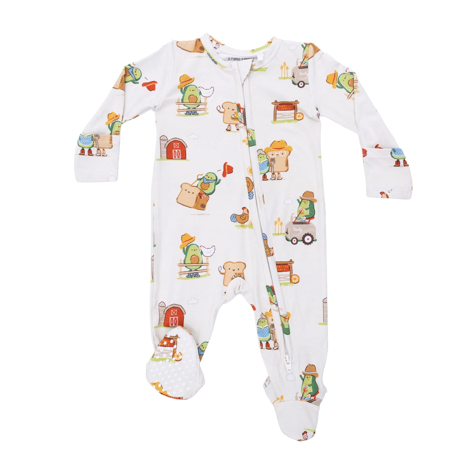 Angel Dear Avacado Toast American Gothic 2 Way Zipper Footie with farm avacado toast animal pattern on a white background