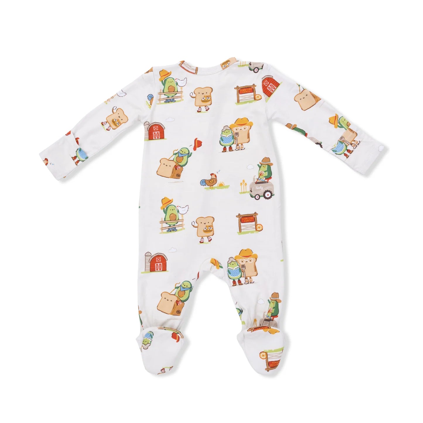 Angel Dear American Gothic 2 way zipper with Avacado toast cartoon firurines and a barn patterns on a white background