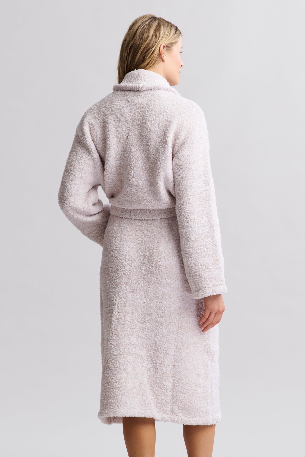 Back view of a Barefoot Dreams CozyChic Adult Robe in Heathered Stone/ White