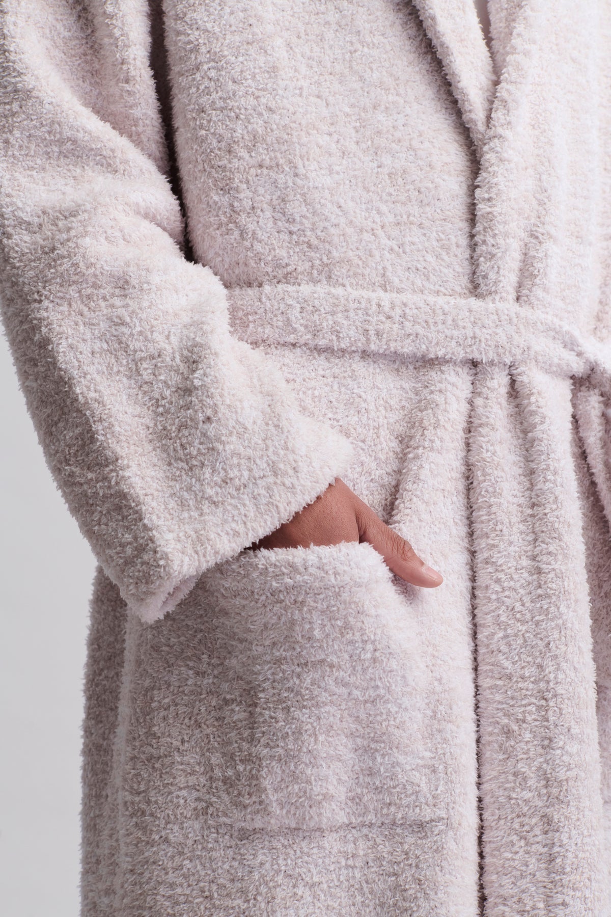 Close up of a Barefoot Dreams CozyChic Adult Robe in Heathered Stone/ White