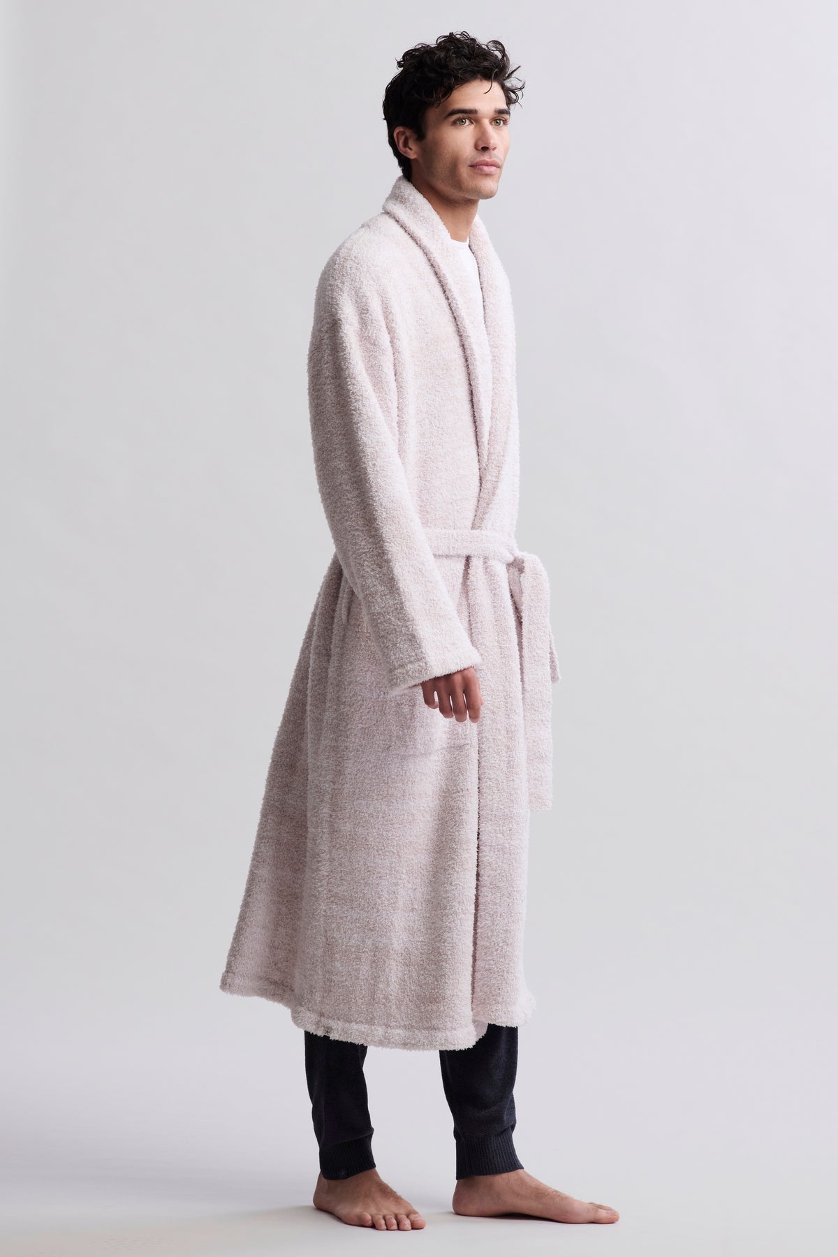 Male wearing a Barefoot Dreams CozyChic Adult Robe in Heathered Stone/ White