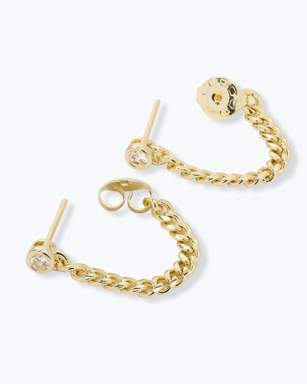 Side view of Melinda Maria Baby Julian Soft Chain Hoops Gold w/White Diamonds showing how the back is connected to the chain