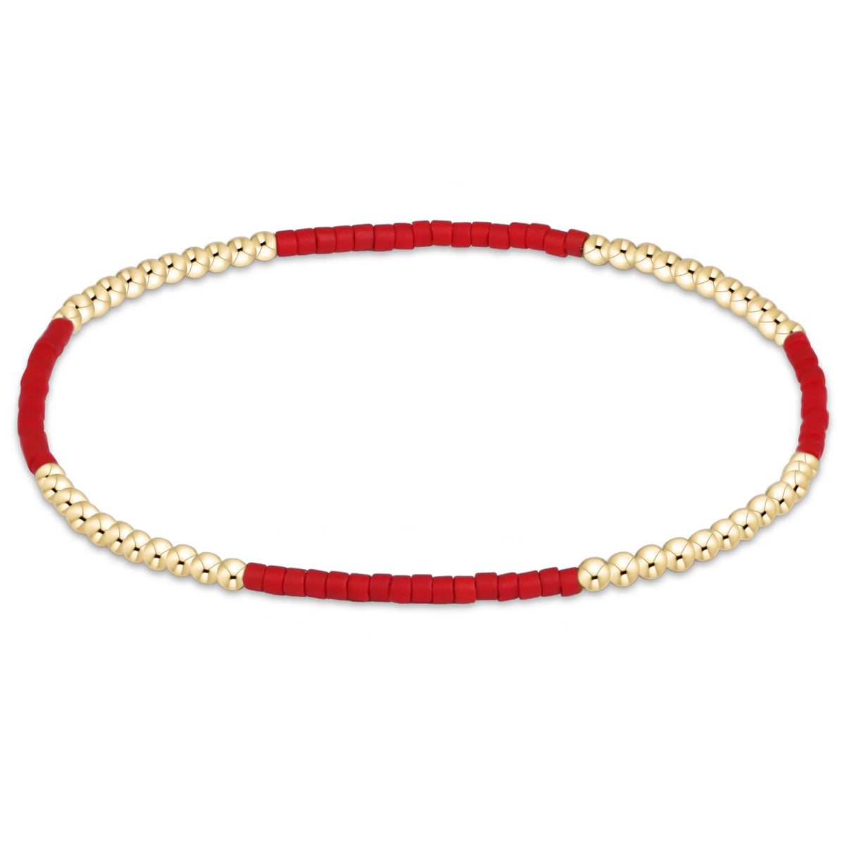 A beaded gameday hope blissful stretch bracelet featuring alternating sections of textured red cord and smooth gold-toned beads, displayed in a horizontal oval shape on a solid white background.