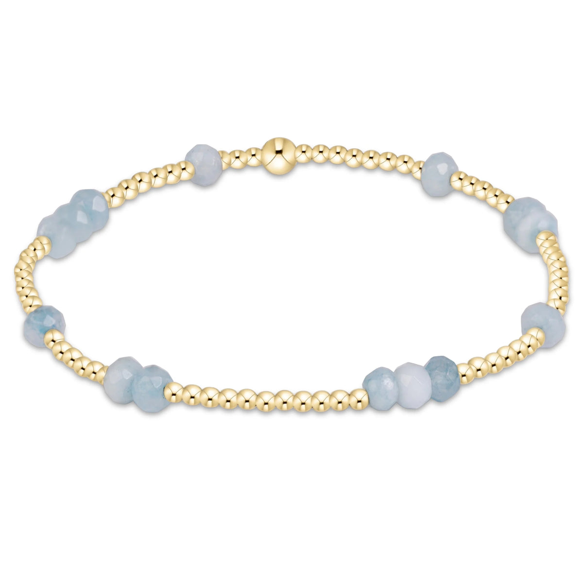 enewton hope unwritten stretch bracelet with small 2mm gold beads and staggered 4mm aquamarine gemstones in a random pattern. 