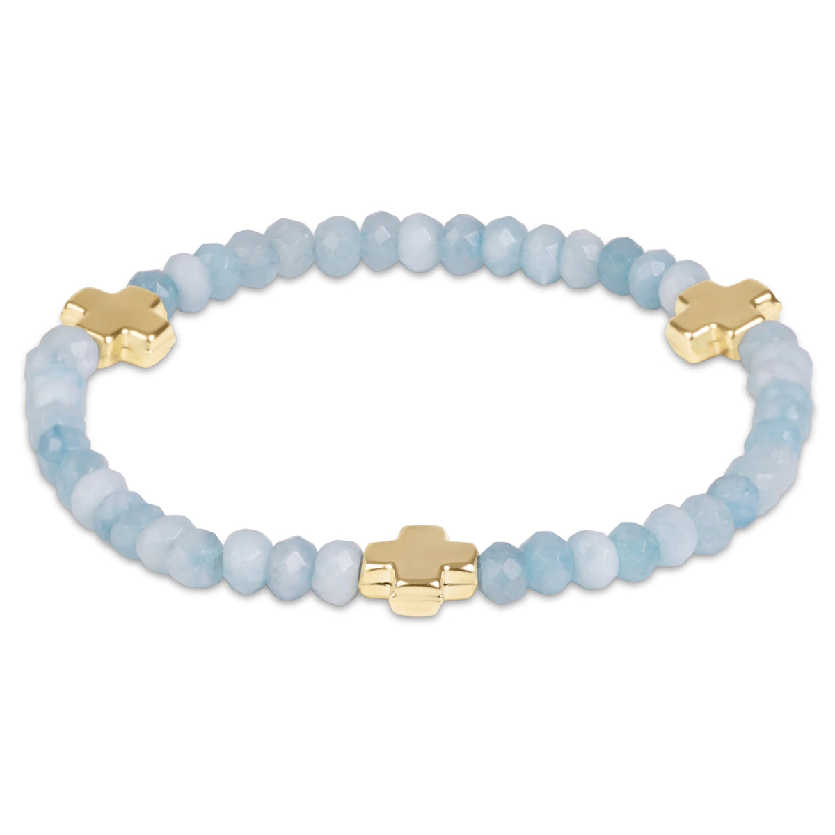 enewton signature bracelet with three gold crosses and aquamarine 4 mm gemstones on a stretch band.  signature cross gold 4mm gemstone bracelet aquamarine