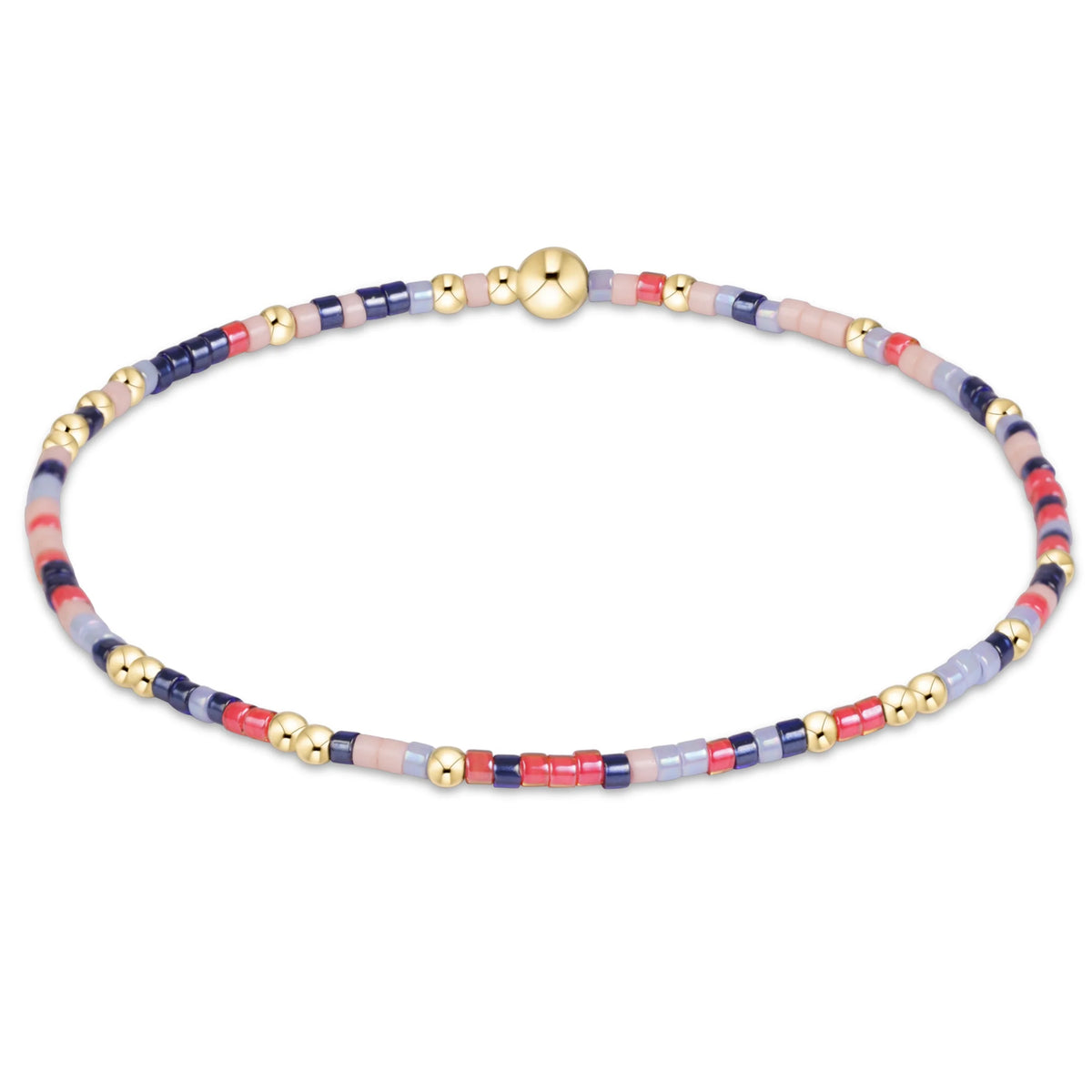 A delicate beaded bracelet with alternating segments of navy blue, light blue, pink, and red beads, accented by small gold spacer beads and a central gold sphere clasp, shown on a plain white background.