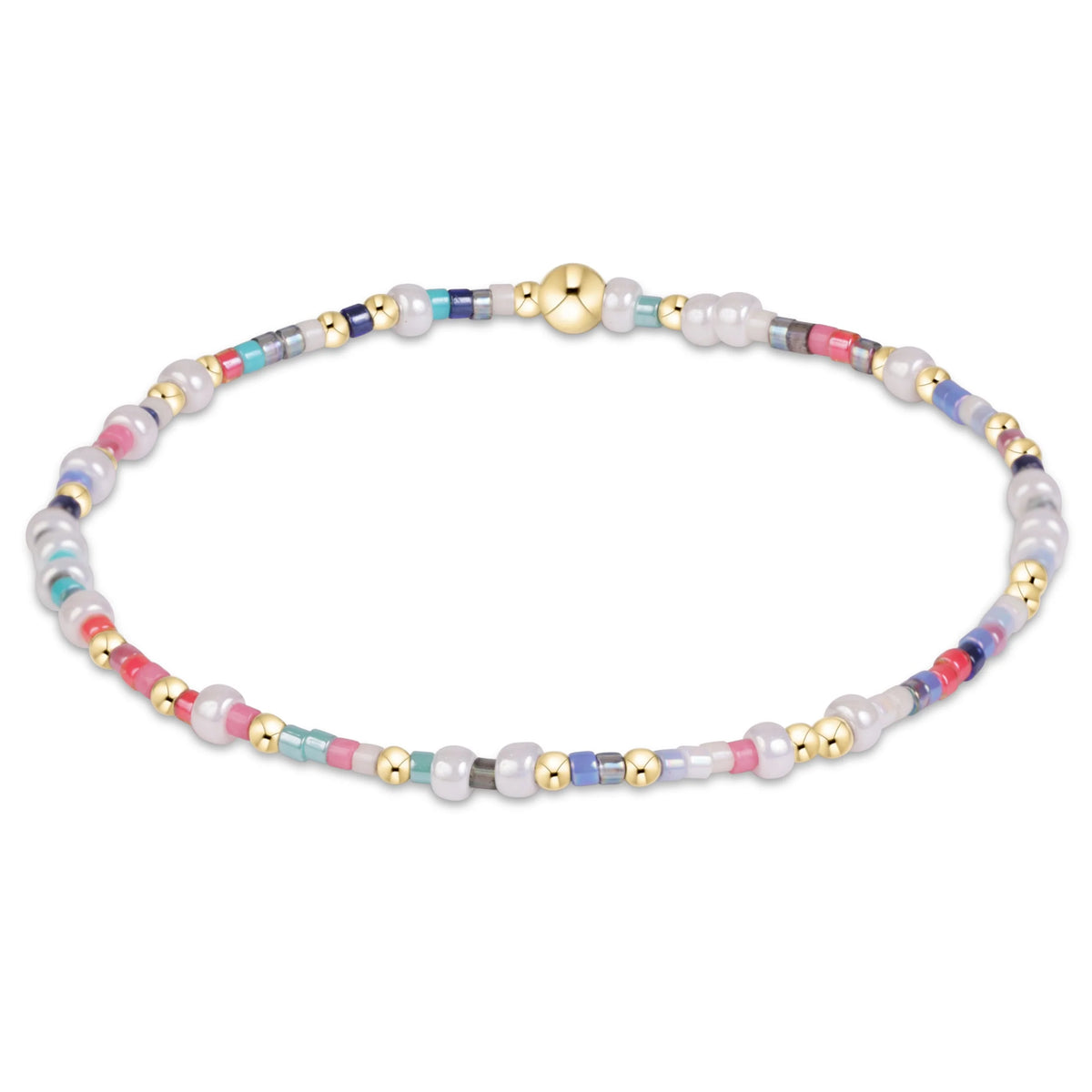 A beaded enewton hope unwritten That's a Wrap bracelet featuring white freshwater pearls, small gold spacer beads, and multi-colored glass beads in pastel shades of pink, blue, and green, arranged in a circular loop on a white background.