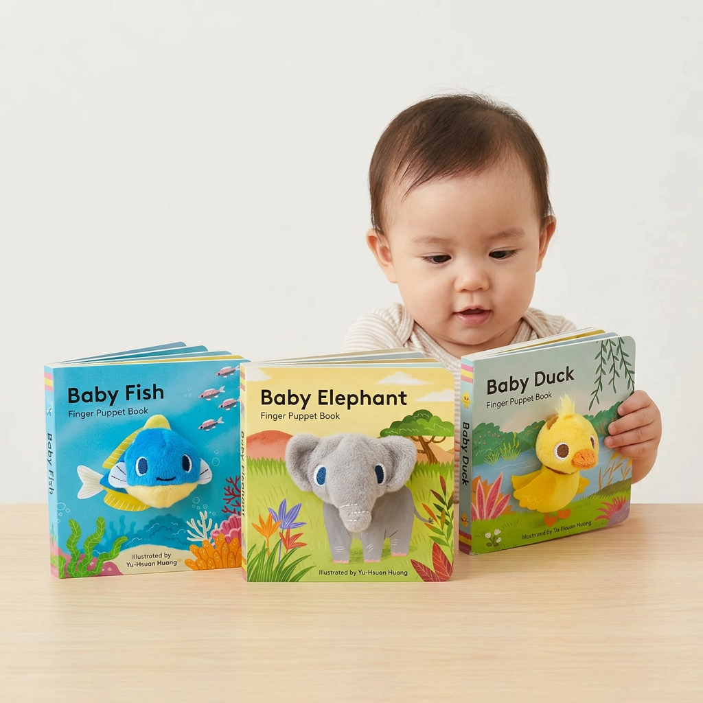 Child holding a 'Baby Duck' finger puppet book with two other books titled 'Baby Fish' and 'Baby Elephant' on a wooden surface.