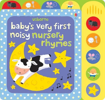 Usborne baby's very first noisy nursery rhymes book with a blue cover with a cow jumping over the moon and a yellow panel on the side with 5 noisy buttons
