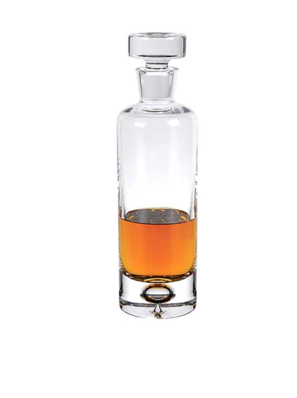 Image of a Crystal Galaxy Decanter by Badash shows a tall cylinder with a crystal stopper containing whisky.