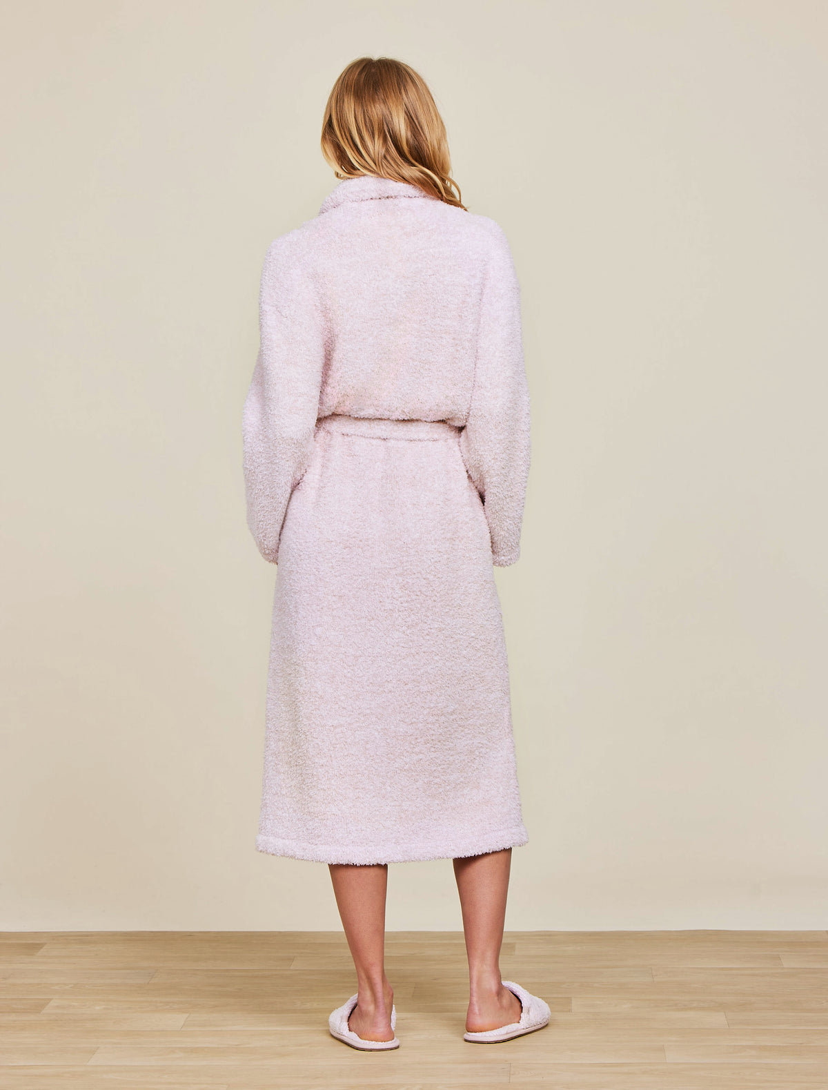 Barefoot Dreams CozyChic Adult Robe- Dusty Rose/White image from the back of the robe
