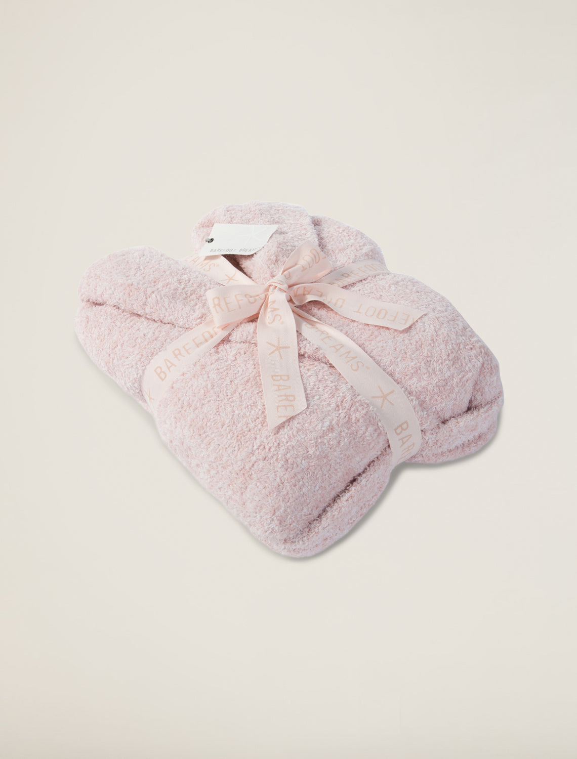 Barefoot Dreams CozyChic Adult Robe- Dusty Rose/White folded with a matching ribbon
