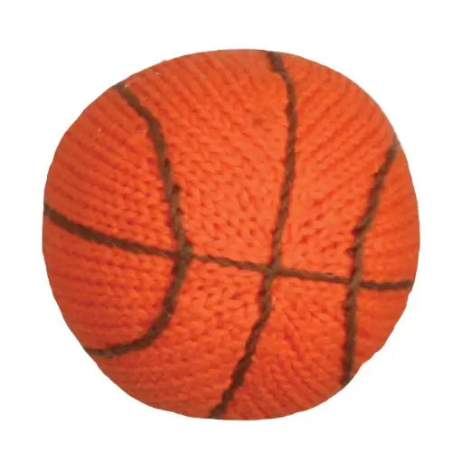 orange basketball knit rattle with brown stitching