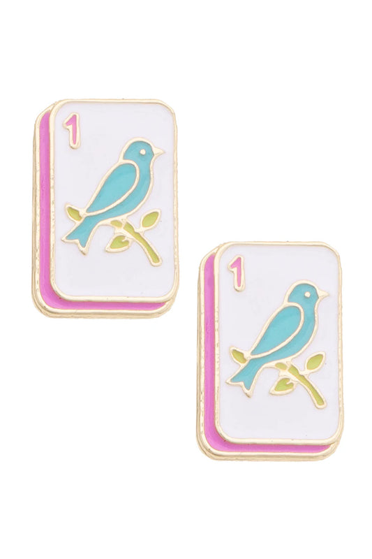Bird Bam Enamel Stud Earrings in Multi Majhong tile with turquoise bird, pink outline and the number 1
