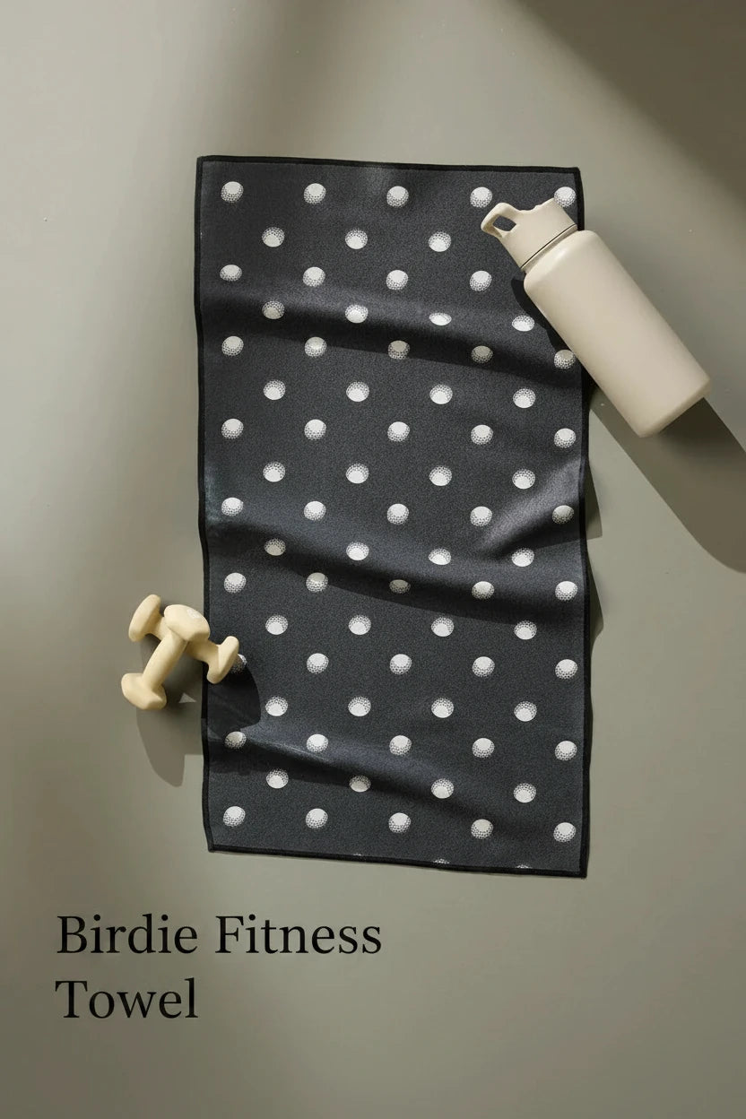 A dark gray geometry fitness gym towel with a white polka-dot golf ball birdie pattern is laid flat on a neutral gray surface, styled with a cream-colored water bottle and a small dumbbell.
