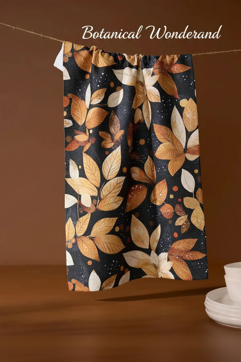 Geometry botanical wonderland tea Towel with autumn leaf pattern hanging on a line against a brown background