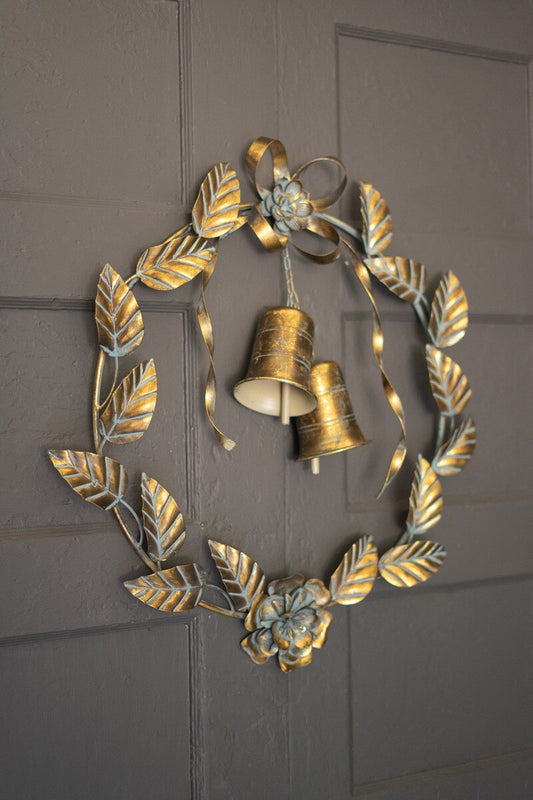 Antique Brass Christmas Wreath Leaves and Bells