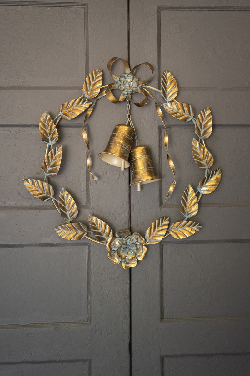 Antique Brass Christmas Wreath Leaves and Bells
