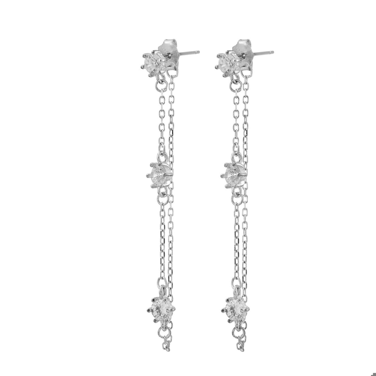 Silver Charlie Paige Amelia Dangling Chain Earrings with chain and star-shaped elements on a white background