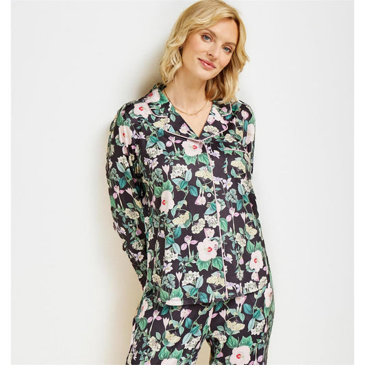 Charlie Paige Midnight Floral Print Pajama Button Up Shirt and Pant Set