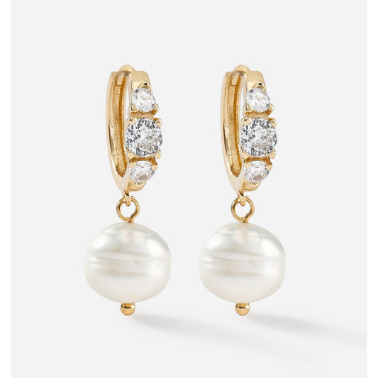 Gold Charlie Paige Diamond Studded Drop Pearl Earrings with pearl drops on a white background