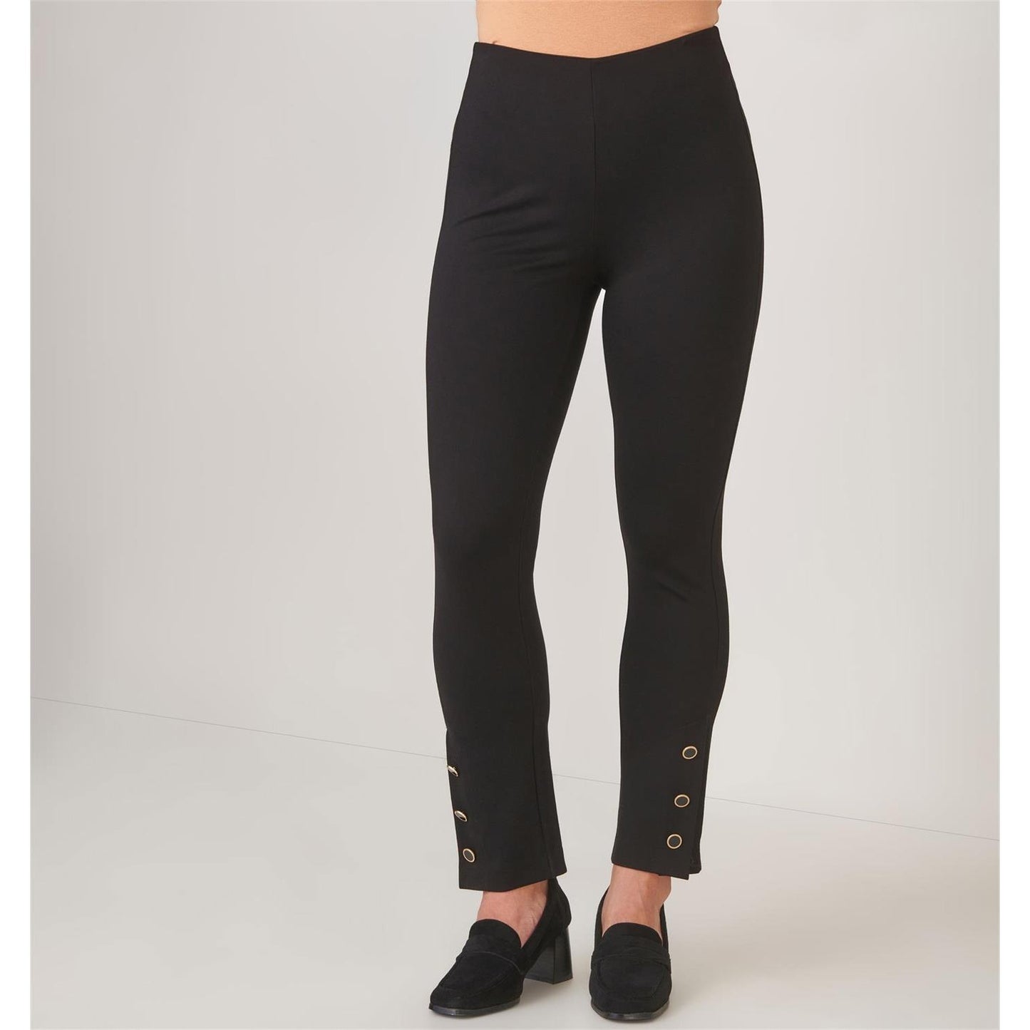 Black Charlie Paige High Rise Ponte Pant, Black with button details on a plain background