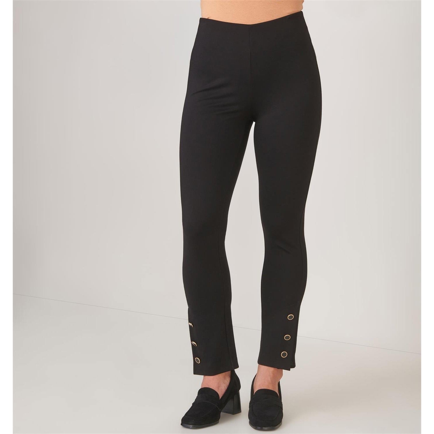 Black Charlie Paige High Rise Ponte Pant, Black with button details on a plain background