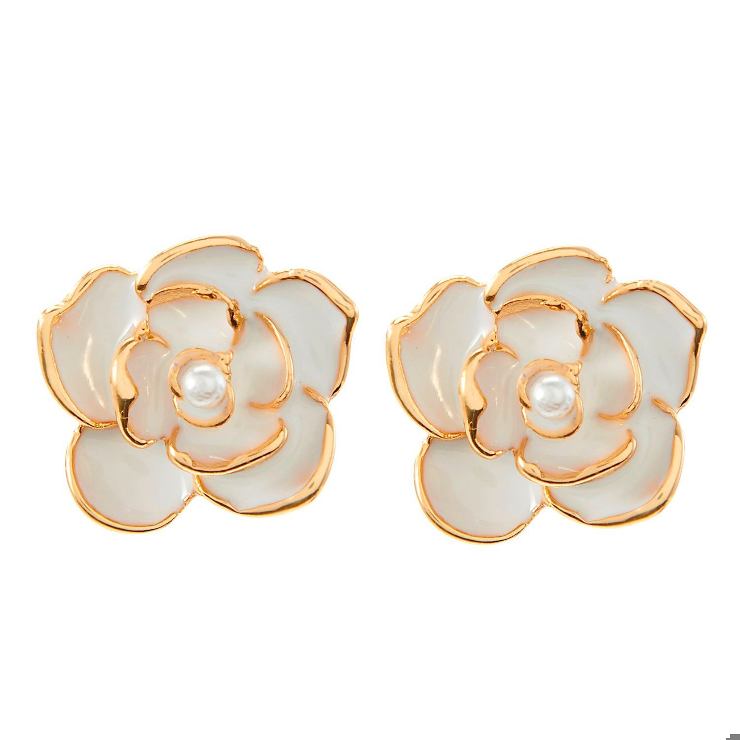 Pair of flower-shaped  Charlie PAige rose pearl earrings with gold accents on a white background