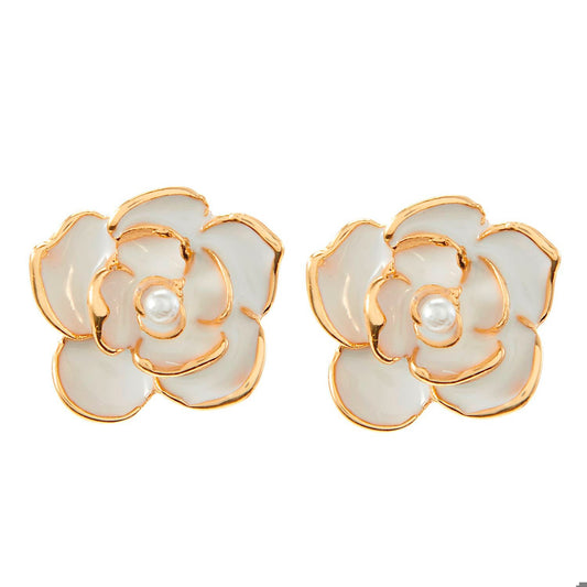 Pair of flower-shaped  Charlie PAige rose pearl earrings with gold accents on a white background