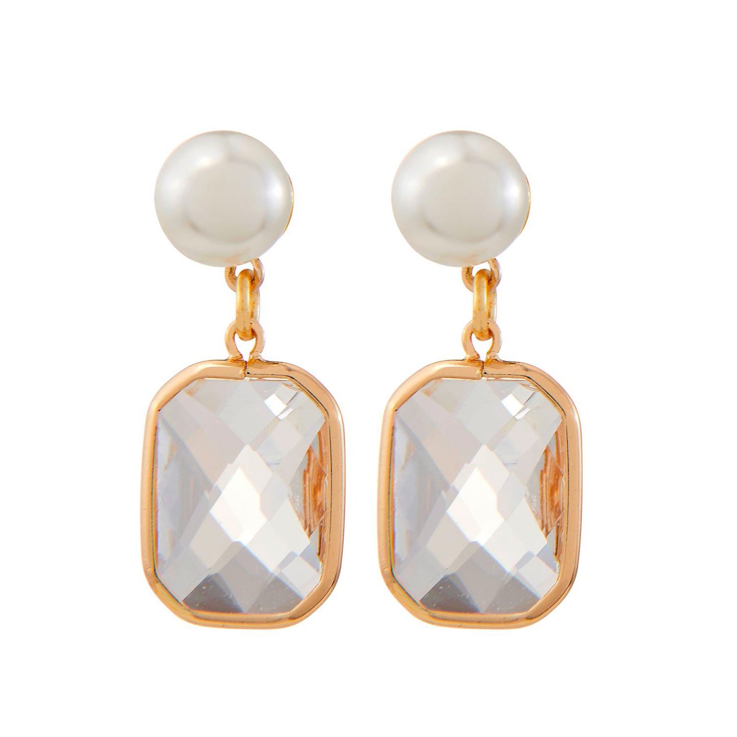 Pair of Charlie Paige Star Shine Earrings  with pearl tops and crystal-like bottoms on a white background