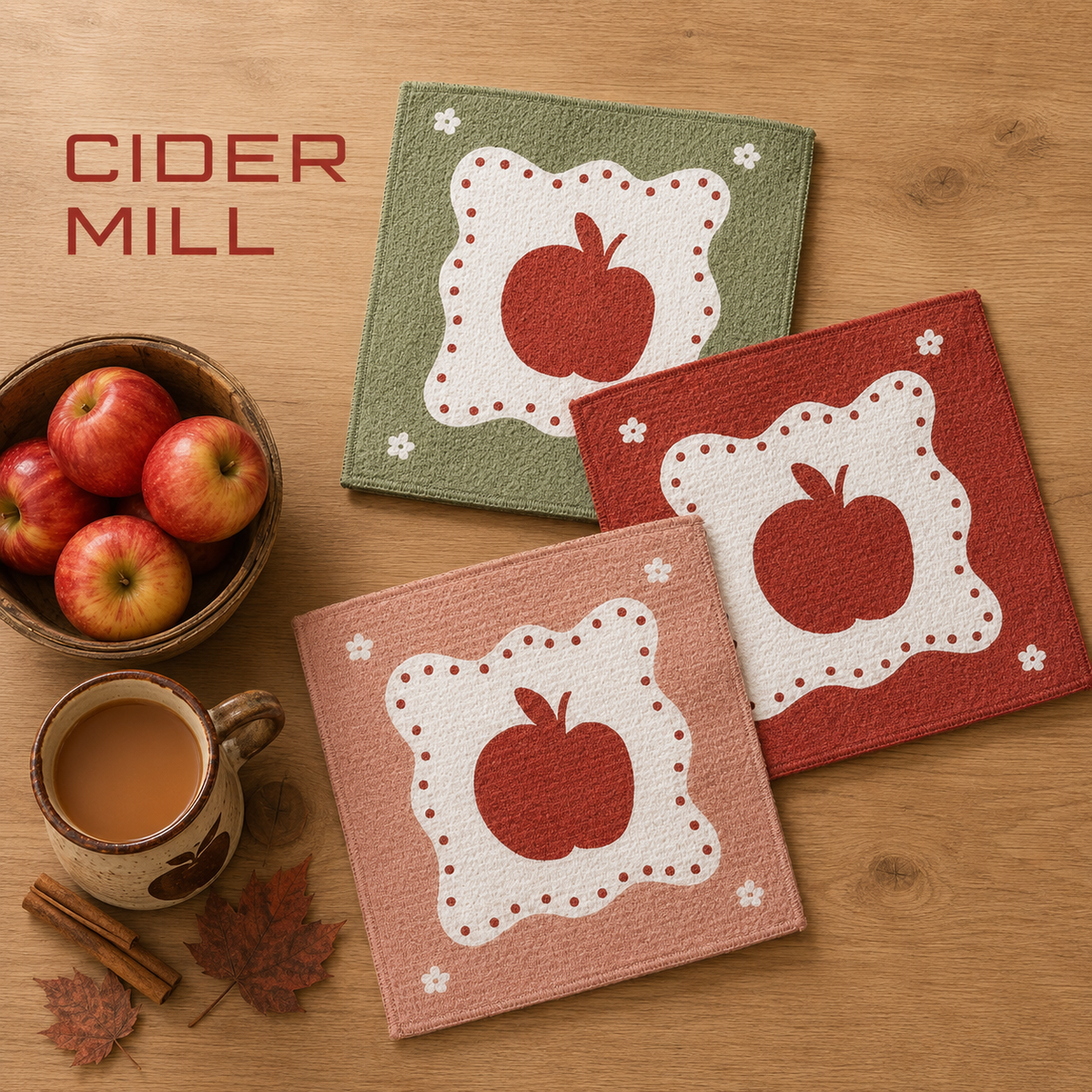 Geometry cider mill dishcloh set with Three square woven cloths with autumn apple designs are arranged on a wooden tabletop with apples in a bowl, a mug of tea, cinnamon sticks, and leaves. The text 'CIDER MILL' appears in the upper left.  The Little Exchange SKU 150071