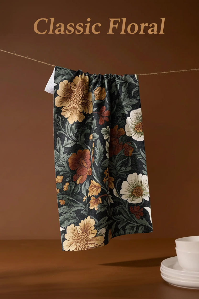 A dark floral geometry classic floral kitchen tea towel hanging from a string against a warm brown background, with a white bowl and plate partially visible in the lower right corner.