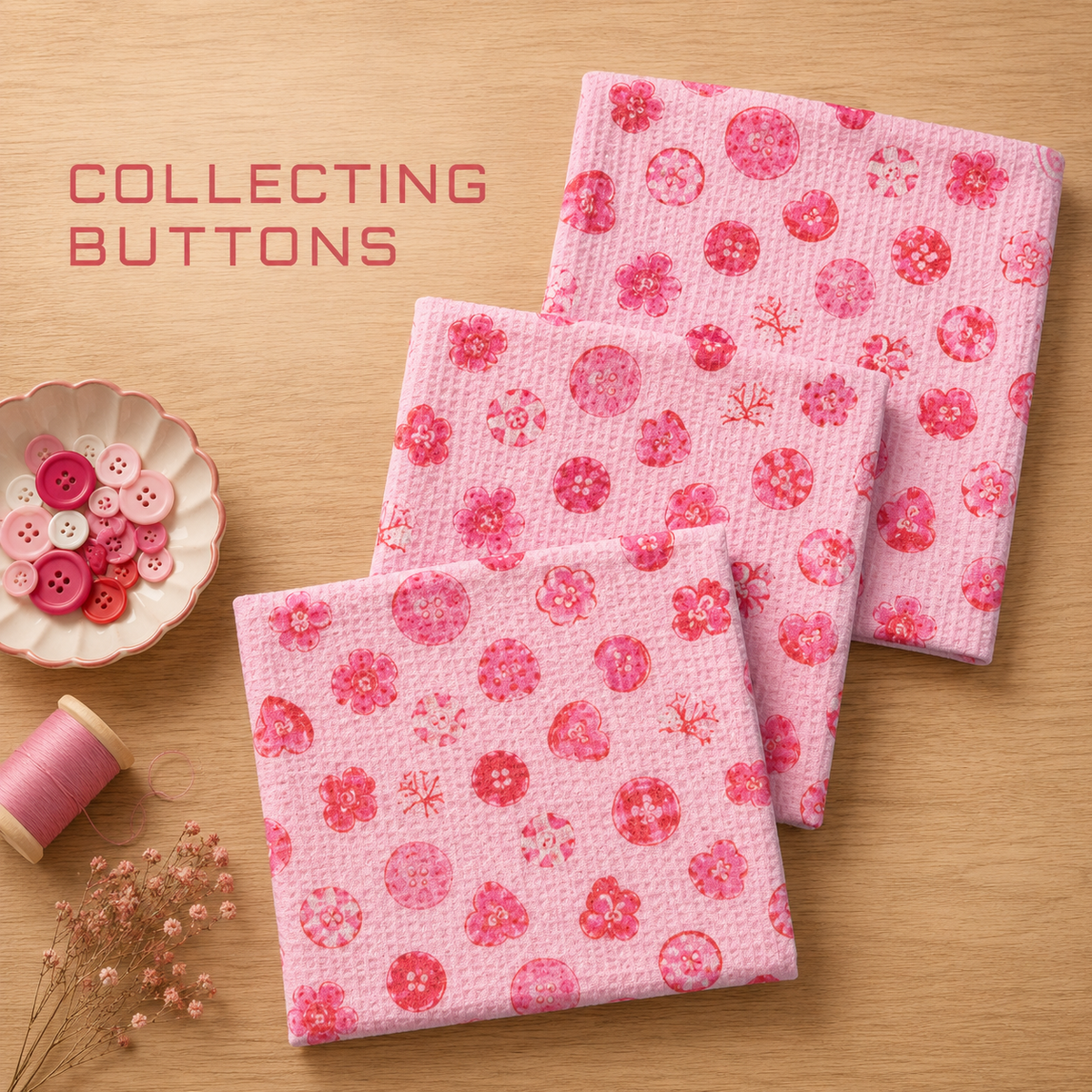 Geometry Collecting buttons dishcloth set with Three pink textured fabric squares with a floral and snowflake button pattern are arranged on a wooden surface next to a small dish of buttons, a spool of pink thread, and dried flowers. The text 'COLLECTING BUTTONS' appears in the upper left.  The Little Exchange Sku 145363