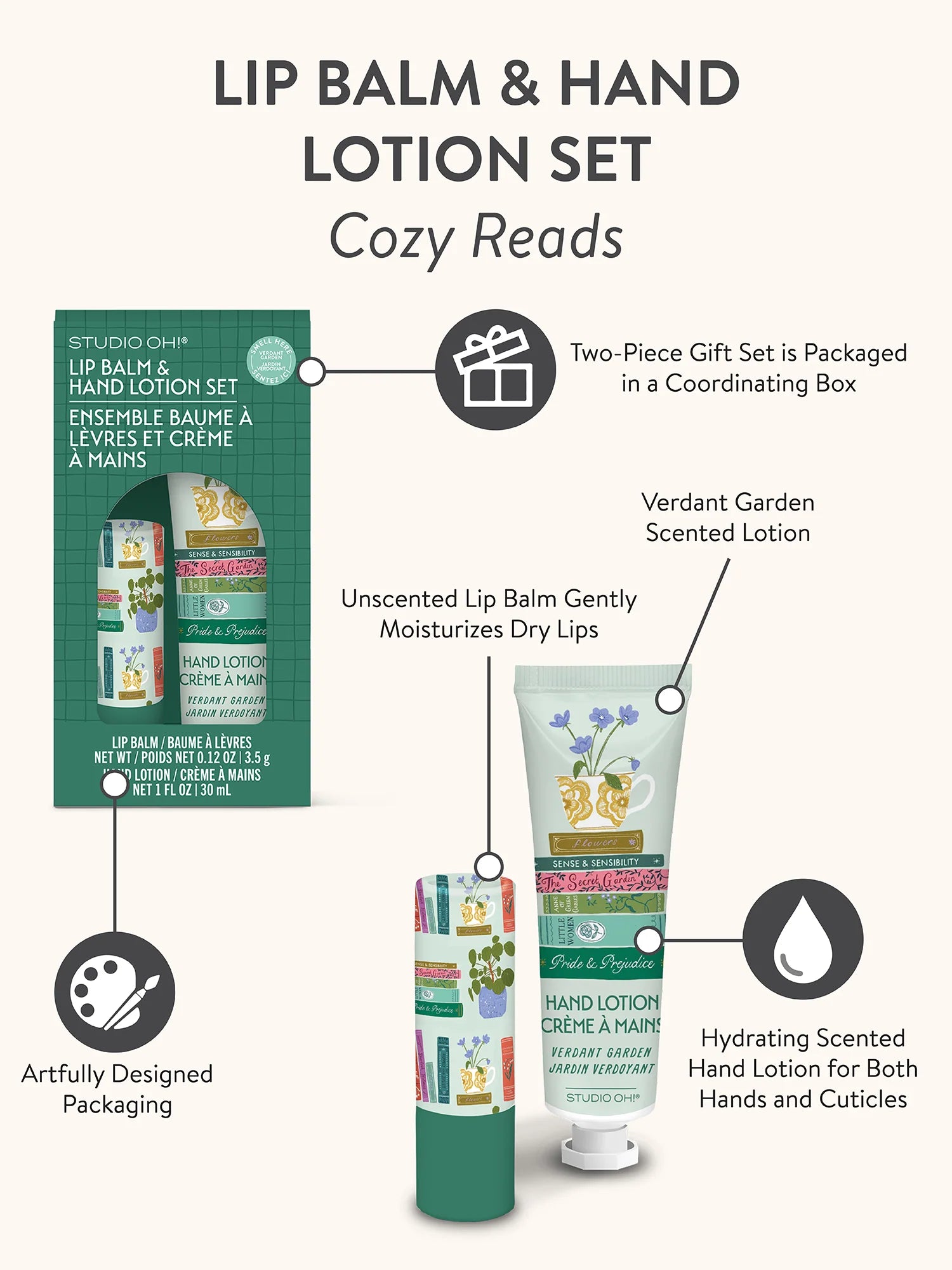 Studio Oh! Cozy Reads Lip balm and hand lotion set with packaging details on a white background
