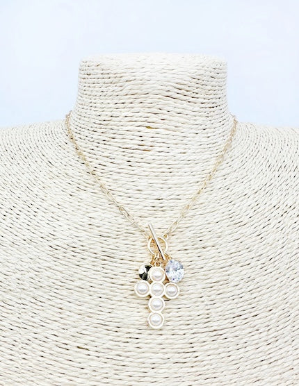 Meghan Browne DINA-PE GOLD CHAIN WITH ENCASED PEARL CROSS PENDANT and dangle clear stones NECKLACE