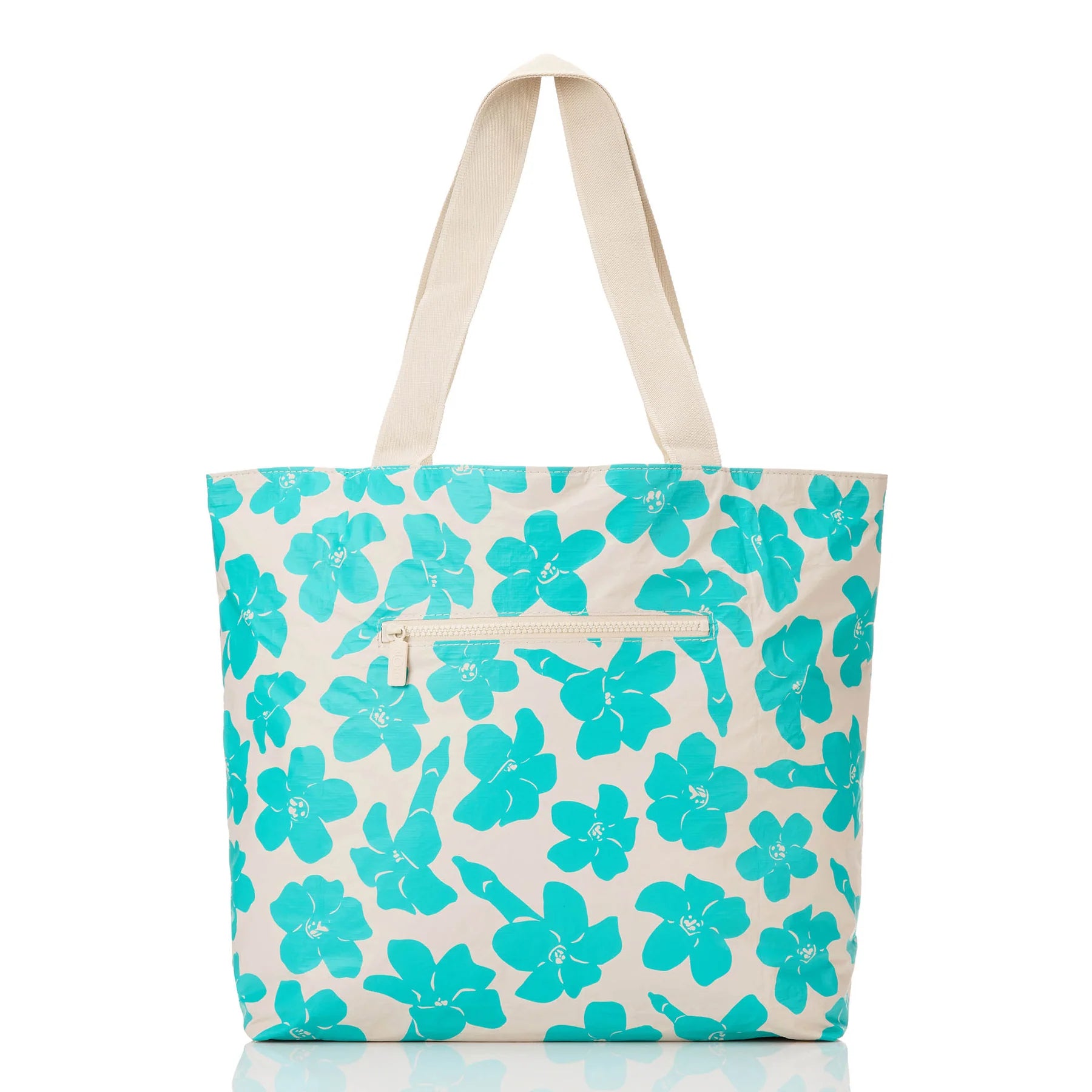 Aloha dt puakenikeni buds blue lagoon floral print tote bag on sandstone with a zipper on the back and two sandstone handles