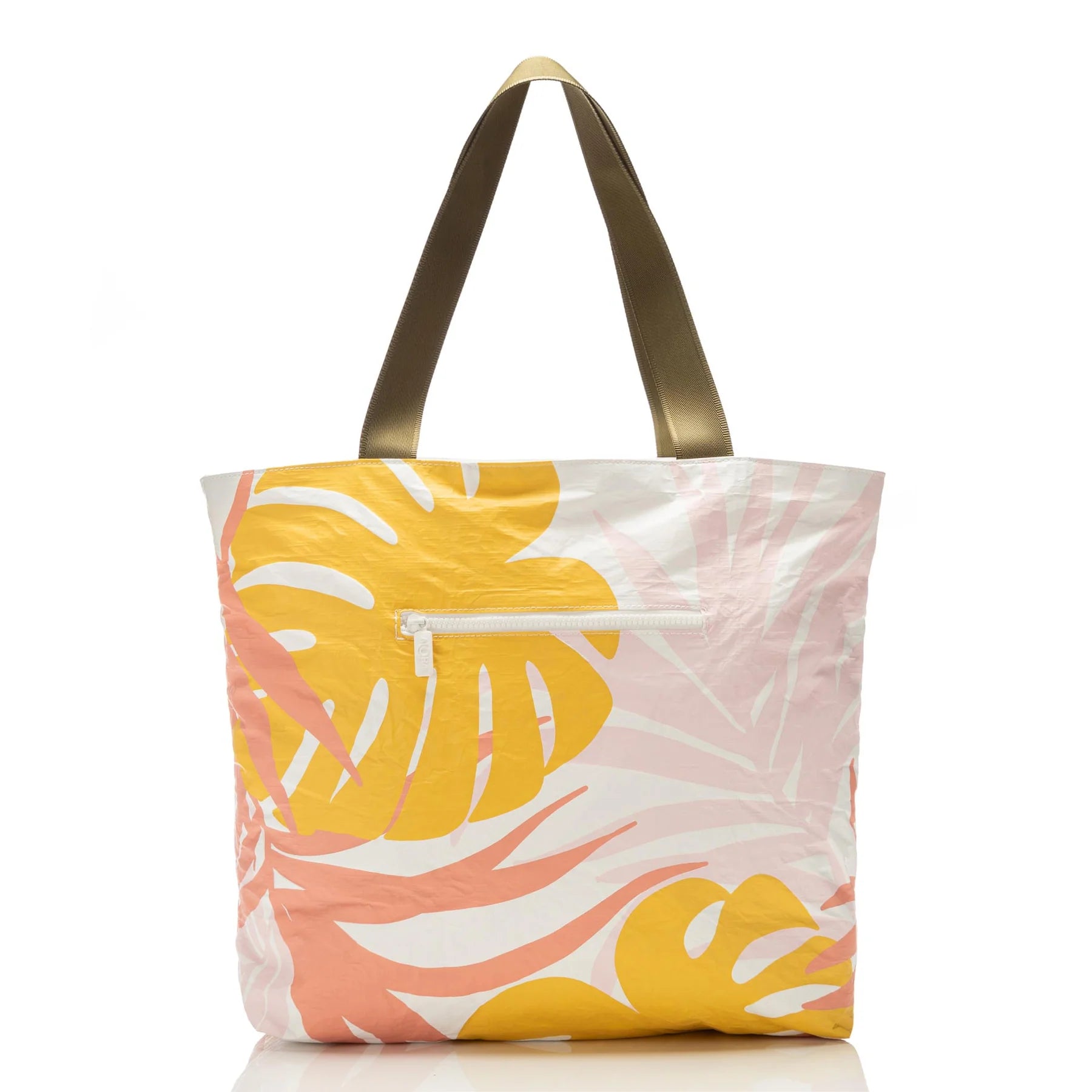 Aloha tropics starburst Tote bag with tropical leaf pattern on a white background